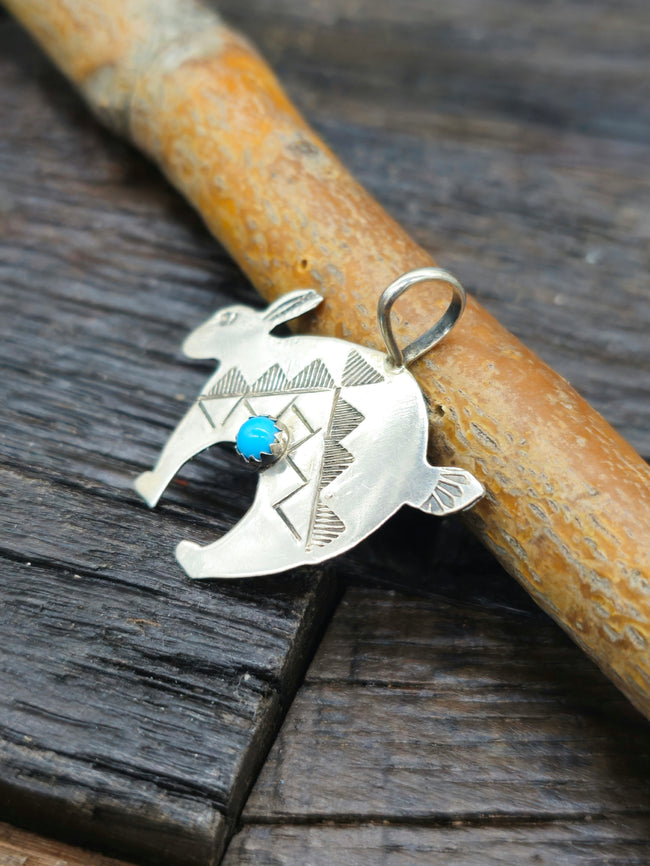 Stamped Sterling Silver and Turquoise Rabbit Pendant by Lucille Platero