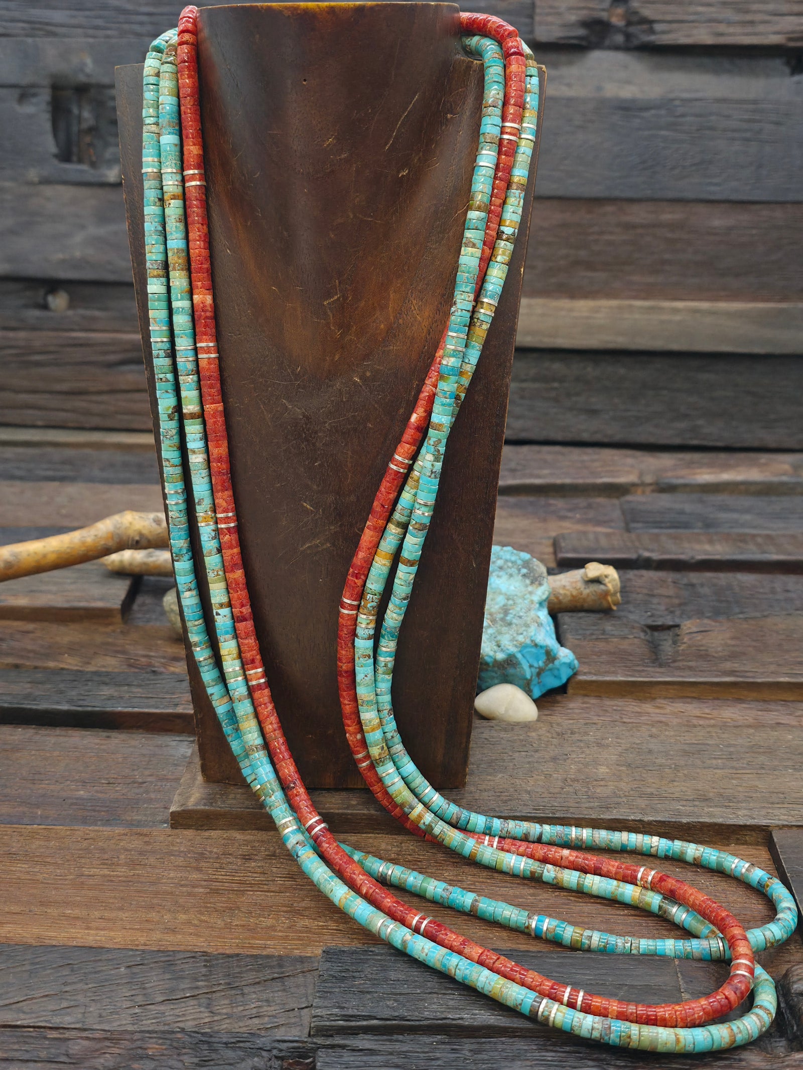 Three Strand Sterling Silver Apple Coral and Turquoise heishi Necklace by Fred Archuleta - 34 in.