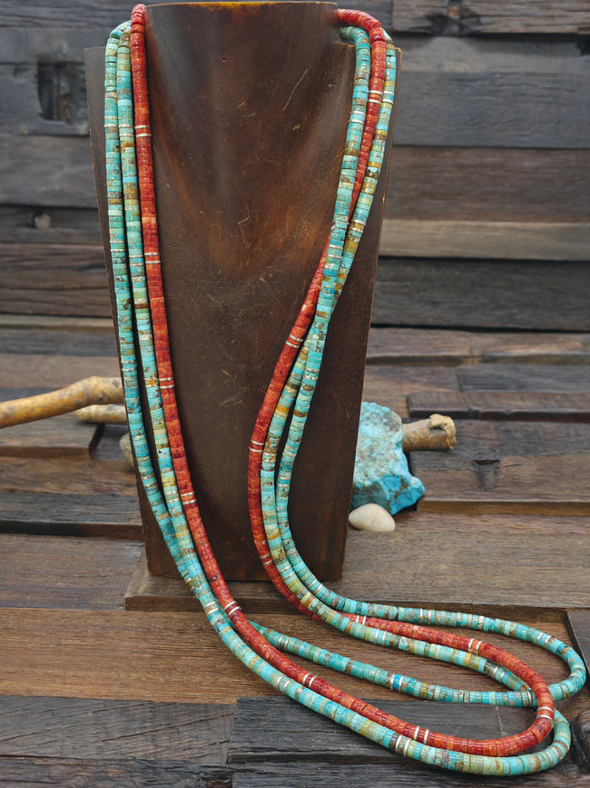 Three Strand Sterling Silver Apple Coral and Turquoise heishi Necklace by Fred Archuleta - 34 in.