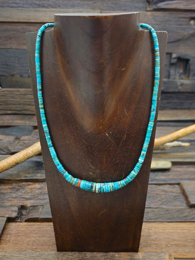 Graduated Blue Turquoise Heishi and Sponge Coral Necklace 18 in.
