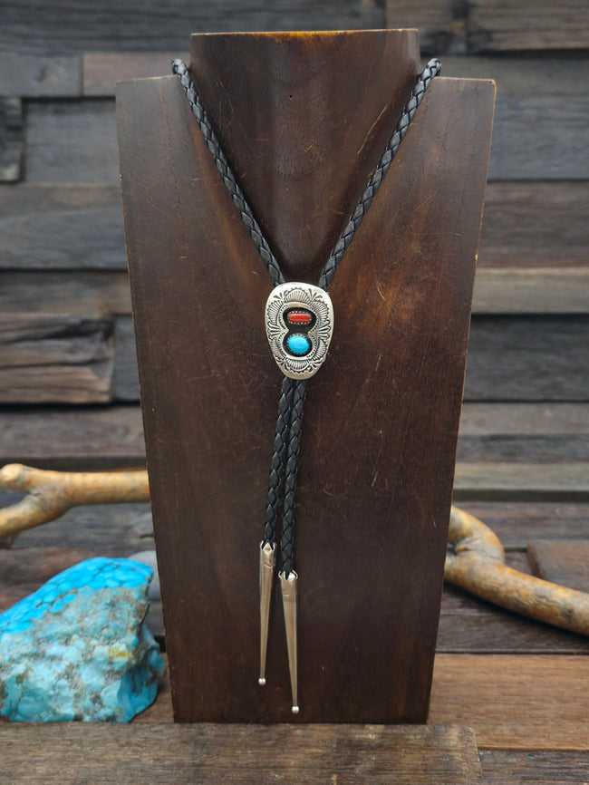 Stamped Sterling Silver Shadowbox Bolo with Turquoise and Coral