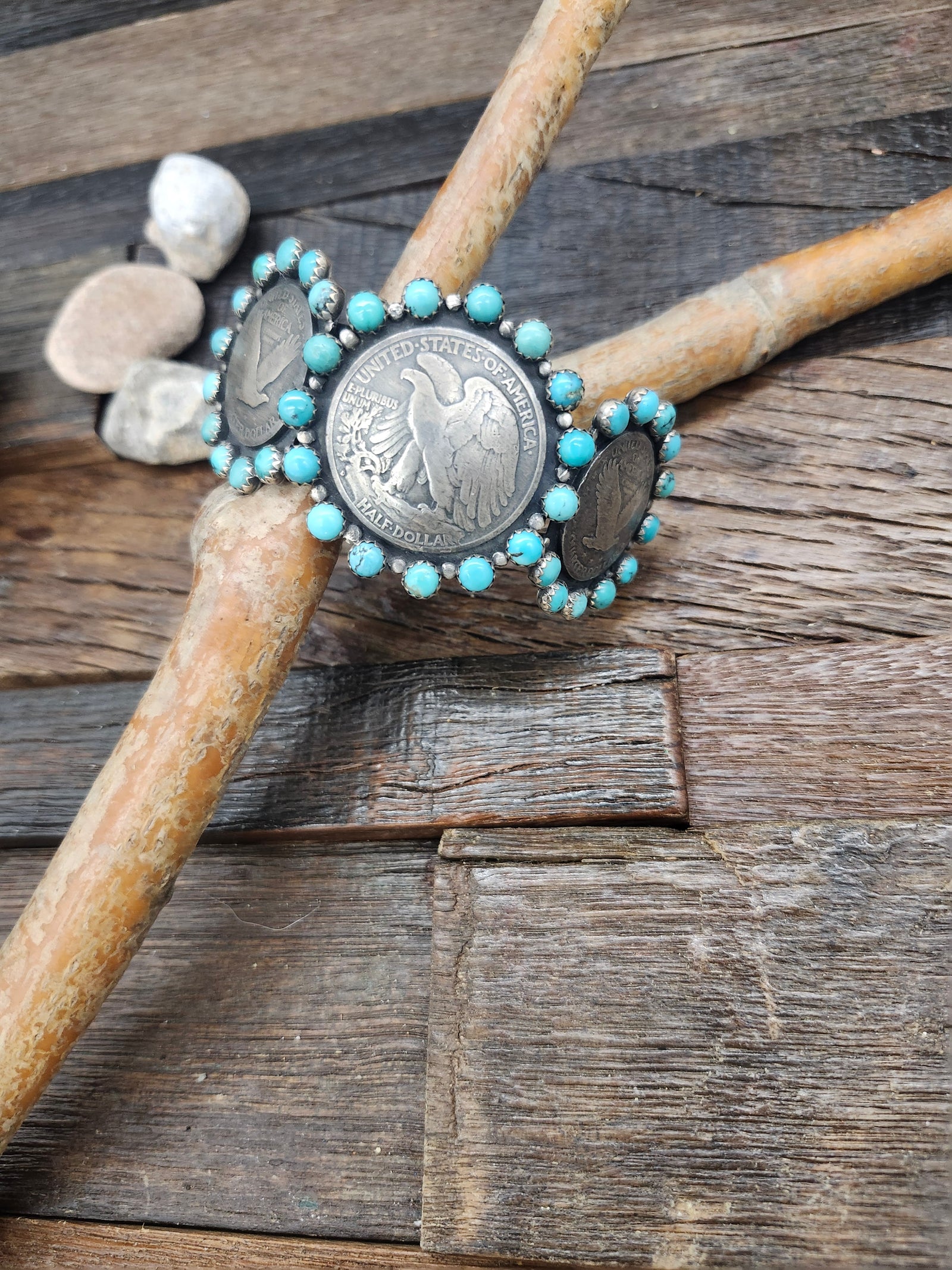 Half Dollar and Quarter bracelet with Turquoise 6 1/2" w/ 1" opening