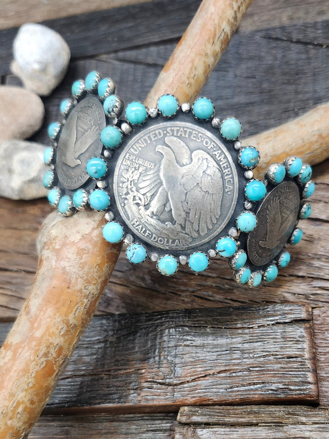 Eagle Half Dollar and Quarter Bracelet with Turquoise - 6 1/2 in. with Gap