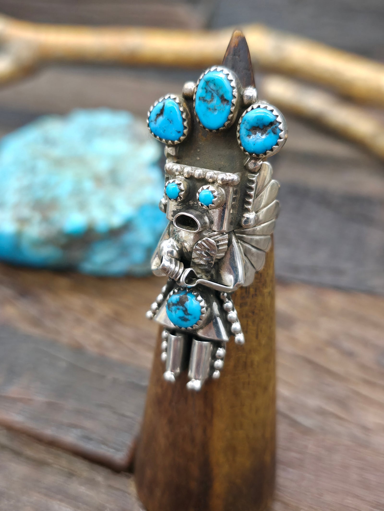Sterling Silver Kingman Turquoise Yei Ring by Doris Smallcanyon - Size 8