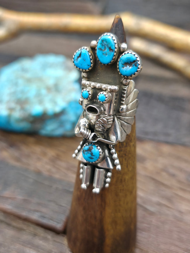 Sterling Silver Kingman Turquoise Yei Ring by Doris Smallcanyon - Size 8