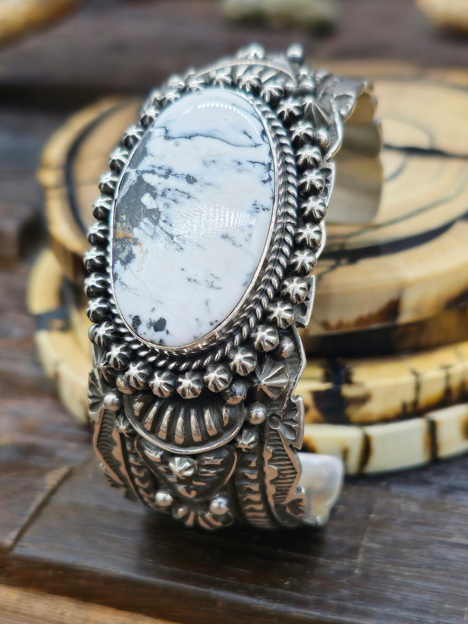 Stamped Sterling Silver and White Buffalo Cuff by Happy Piazzo - 6 3/4 in