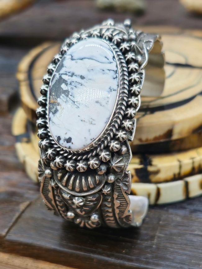 Stamped Sterling Silver and White Buffalo Cuff by Happy Piazzo - 6 3/4 in