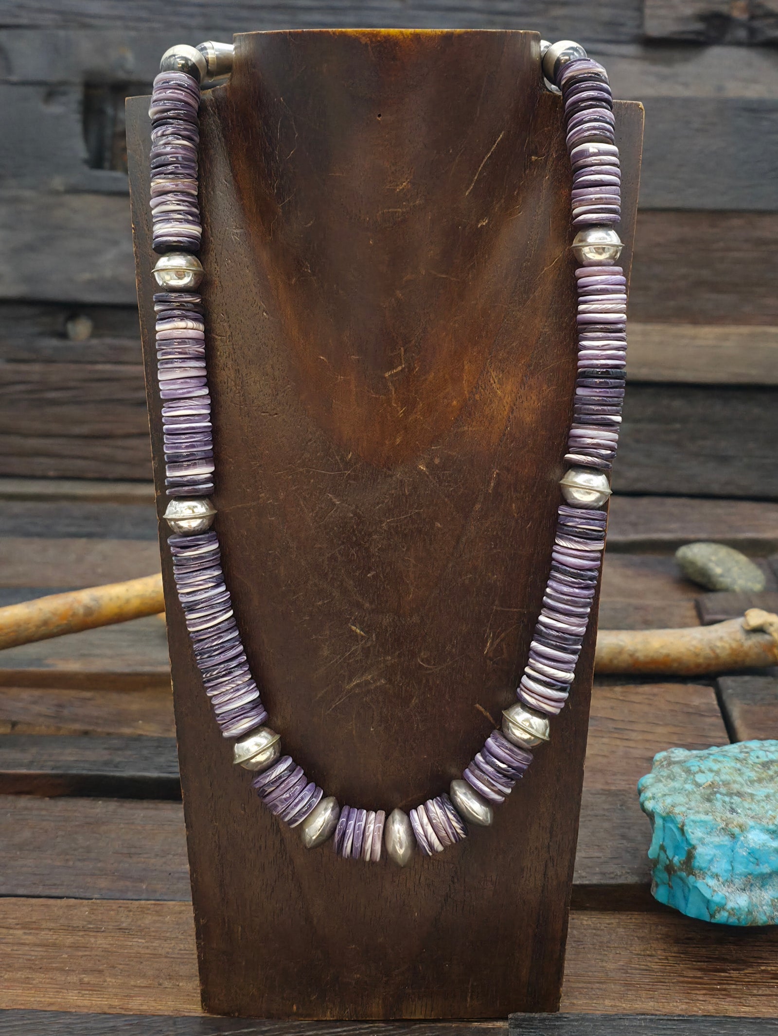 Wampum and Sterling Silver Bead Necklace by Fred Archuleta - 21 in. w/6 in. Extender