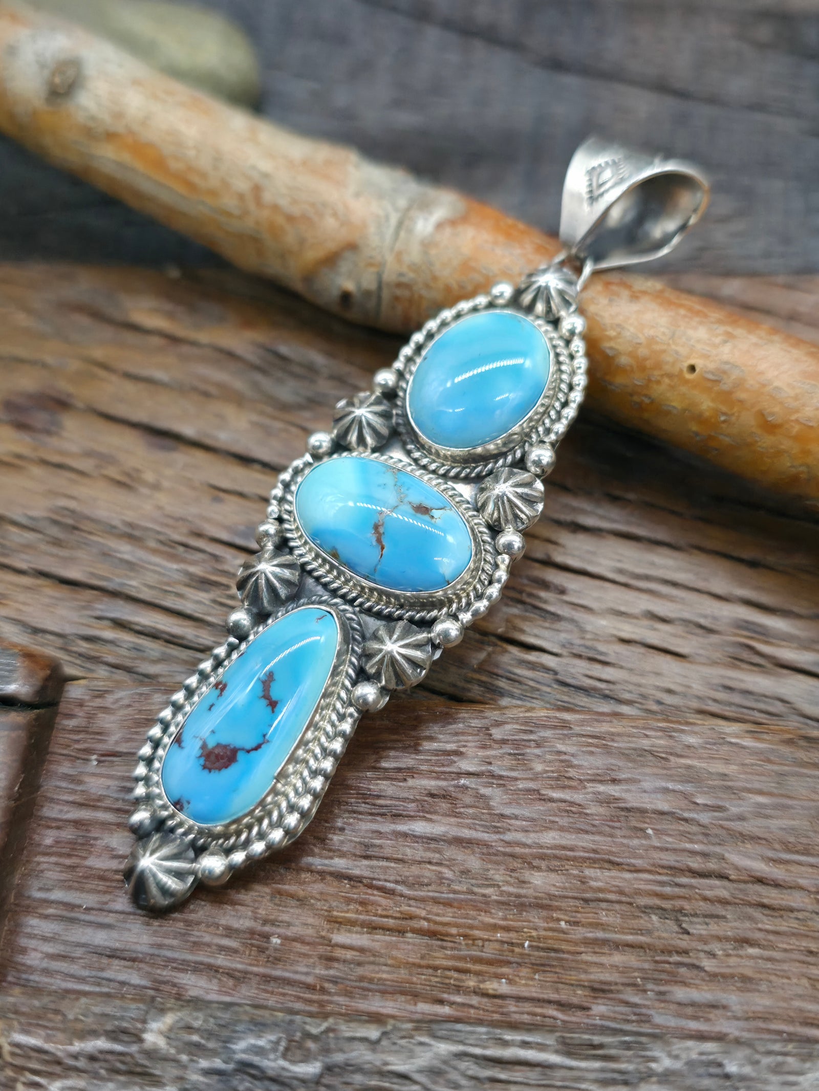 Three Stone Sterling Silver Golden Hill Turquoise Pendant by D. Wylie