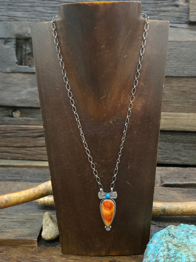 Sterling Silver Spiny Oyster and Turquoise Pendant Necklace by Verly Betone - 18 in.