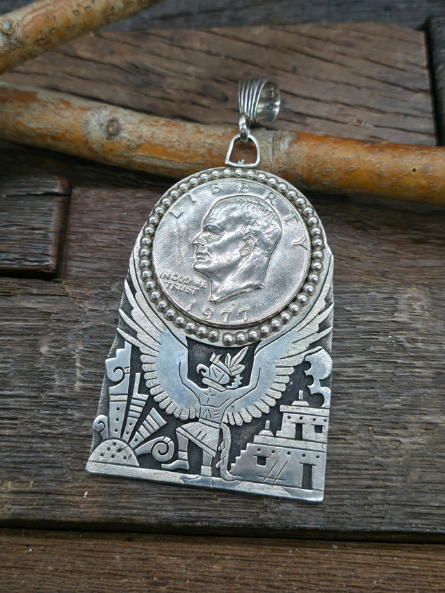 Sterling Silver Overlay Eagle Dancer 1977 Eisenhower Dollar Pendant by Delfred Masawytewa - 3 1/4 by 2 1/4