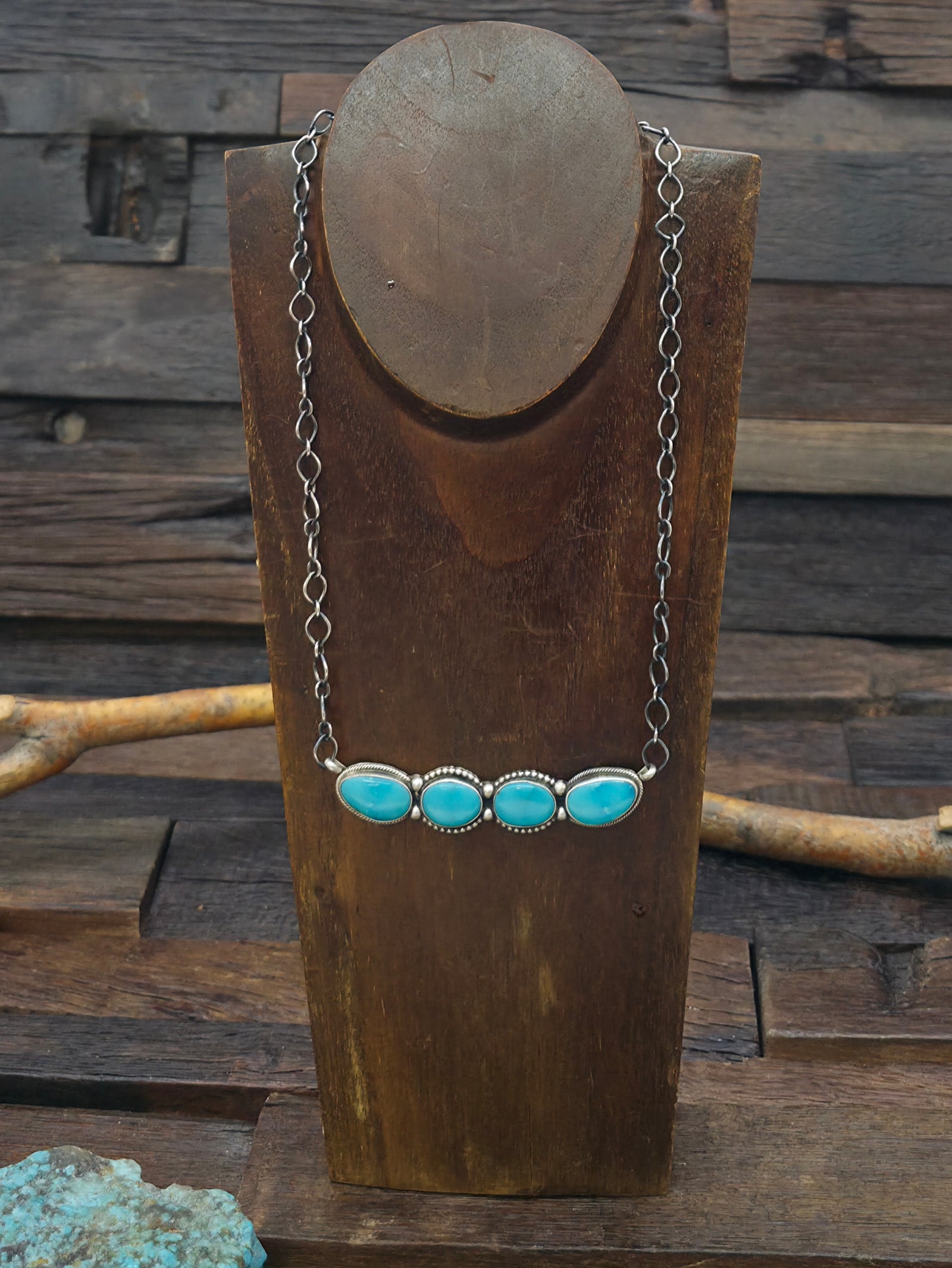 Four Stone Sterling Turquoise Bar Necklace by Kathleen Livingston - 20 in.