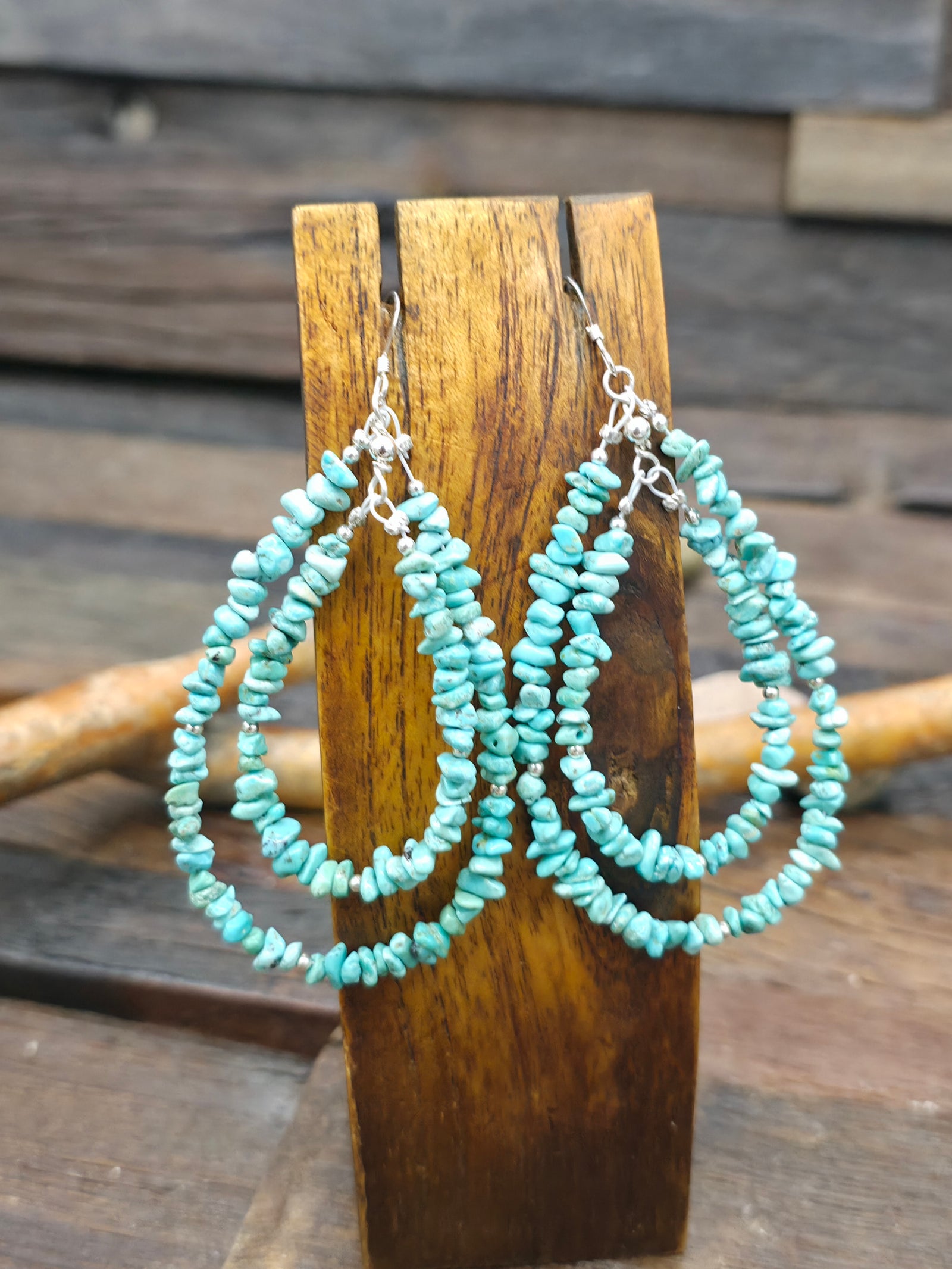 Double Loop Blue Turquoise Nugget Earrings by Lucinda Sardo - 3 1/2 in. by 1 3/4 in.
