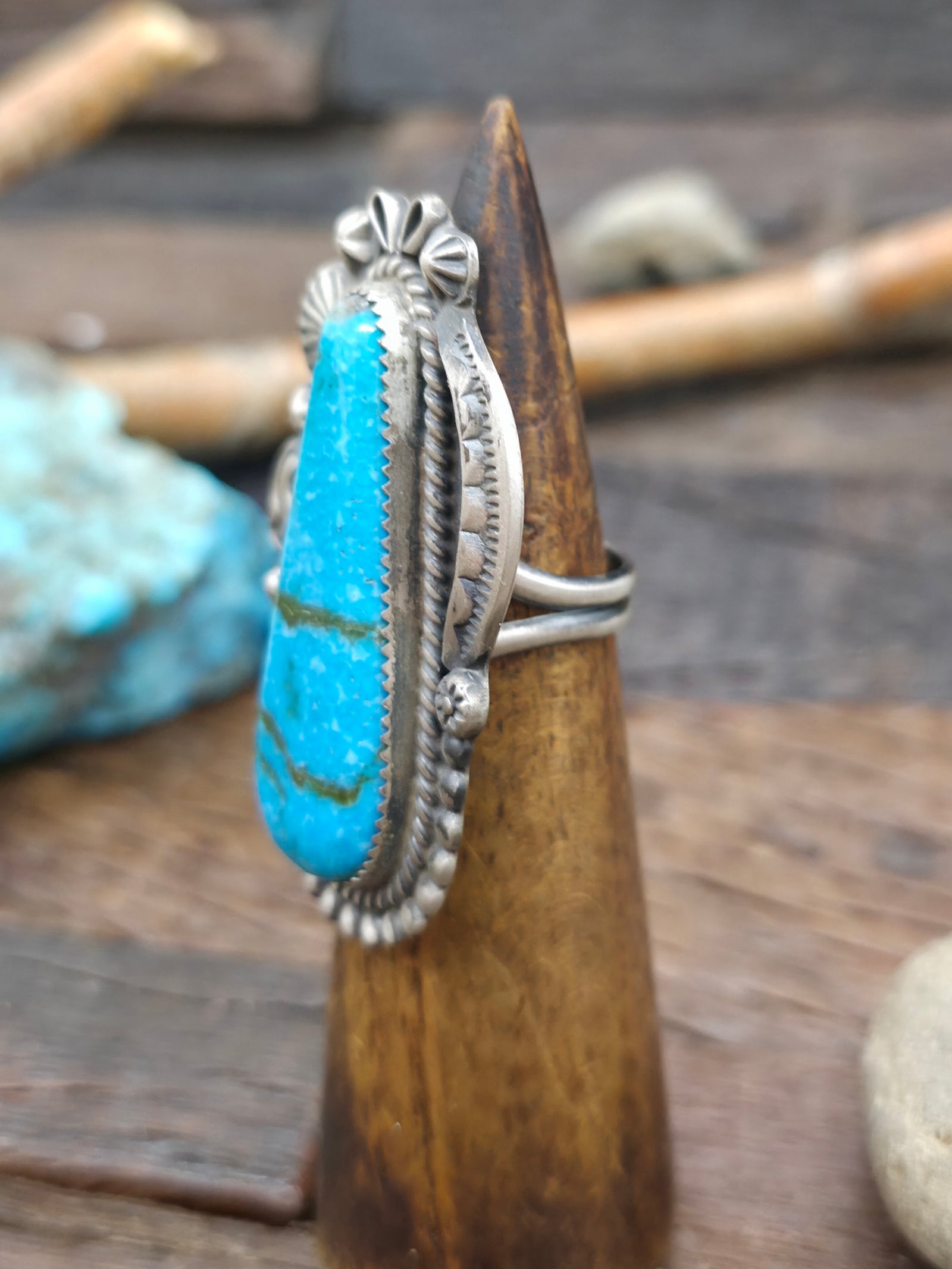 Stamped Sterling Silver Turquoise Statement Ring by Leslie Nez - Size 10