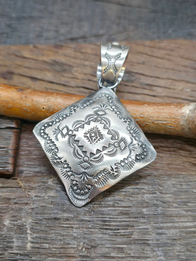 Stamped Sterling Silver Diamond Shaped Pendant by Vincent Platero - 3 1/2 in. by 2 in.