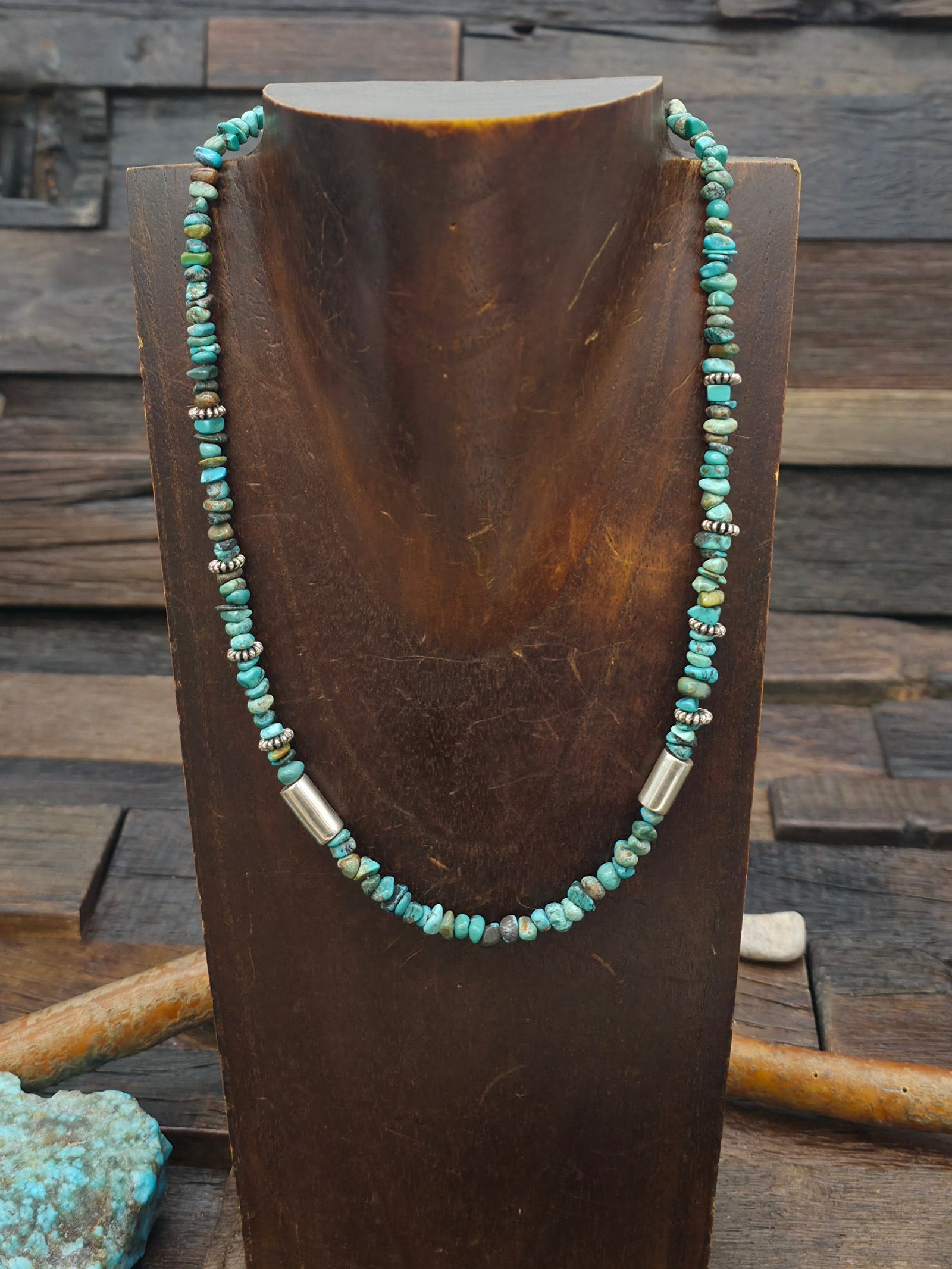 Mini Turquoise Nugget and Sterling Silver Bead Necklace by Rose Singer - 18 in.