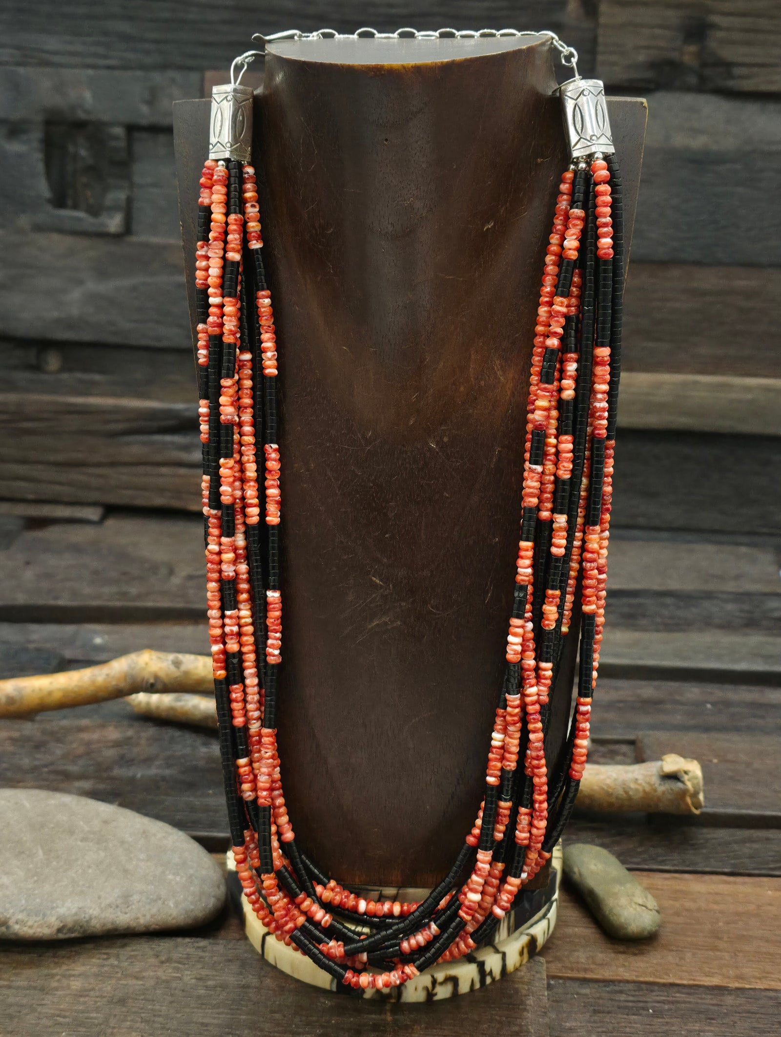 10 Strand Red Spiny and Jet Necklace by Fred Archuleta -  20in w/6 1/2in Extender