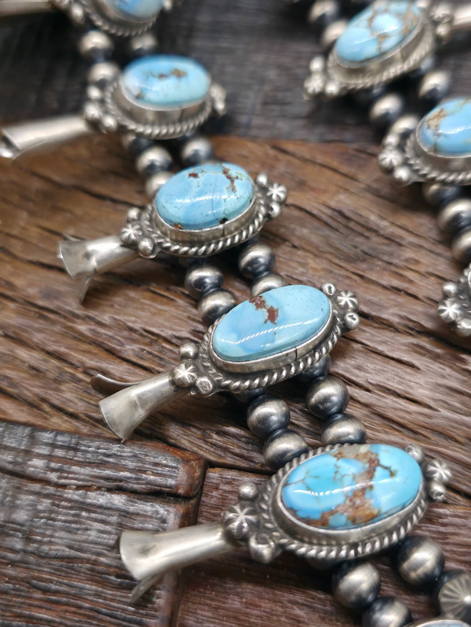 Golden Hill Turquoise Silver Squash Blossom Necklace and Earring Set by Theresa Smith - 22 in.