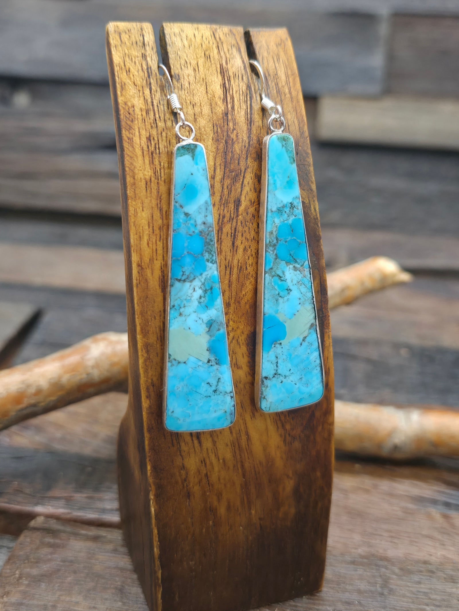 Sterling Silver Blue Turquoise Slab Earrings by Veronica Tortalita - 3 in. by 1/2 in.