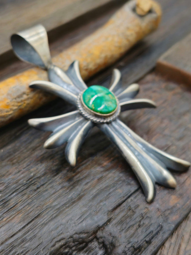 Emerald Valley Turquoise Sterling Silver Cross Pendant by Harrison Bitsue