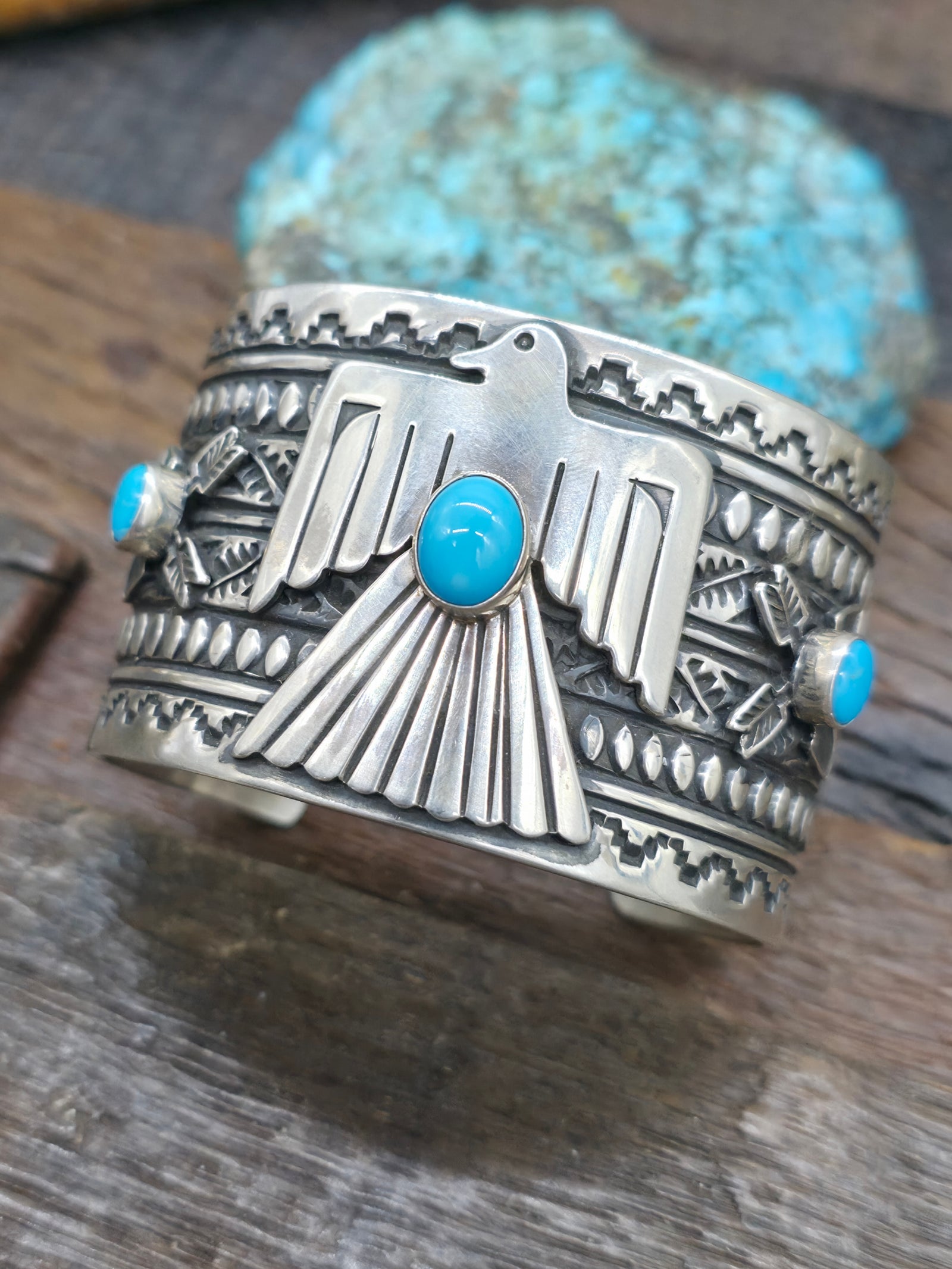 Sterling Silver Turquoise Thunderbird Cuff by Tsosie White - 6 1/2 in. with Gap
