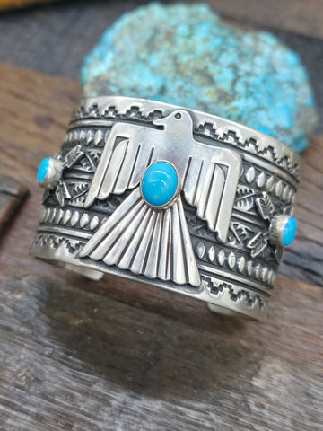 Kingman Turquoise Sterling Silver Cuff by Richard Jim - 6 1/4 in.  with Gap