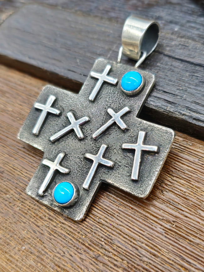Cross-Shaped Sterling Silver Turquoise Pendant by Ernest Rangel