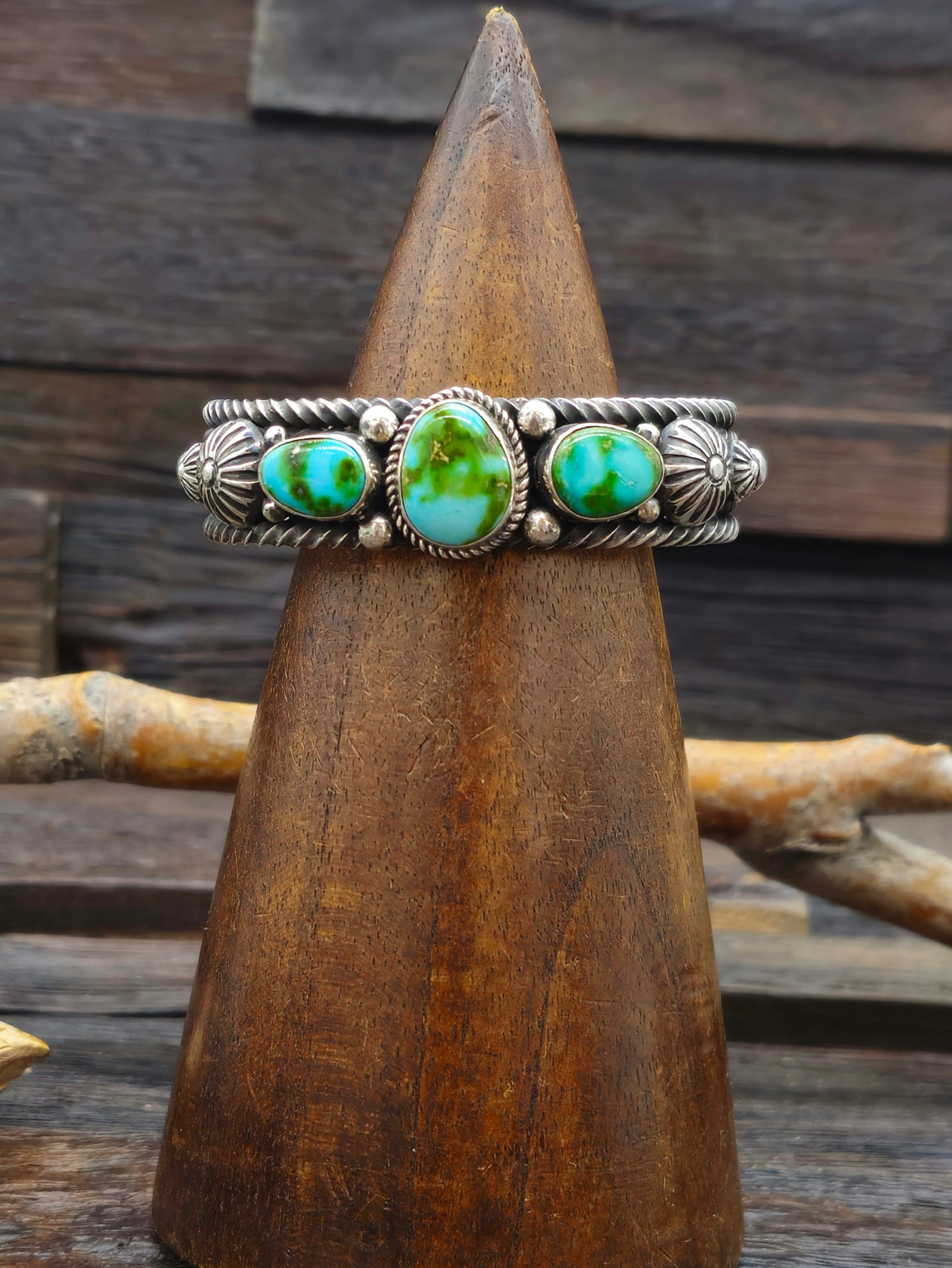 Oxidized Sterling Silver and Three-Stone Sonoran Turquoise Bracelet by Albert Jake 6 in.