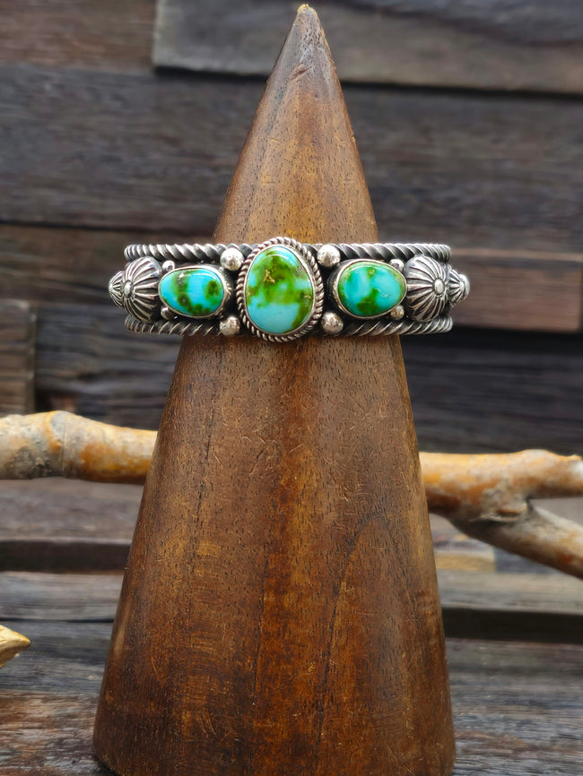 Oxidized Sterling Silver and Three-Stone Sonoran Turquoise Bracelet by Albert Jake 6 in.