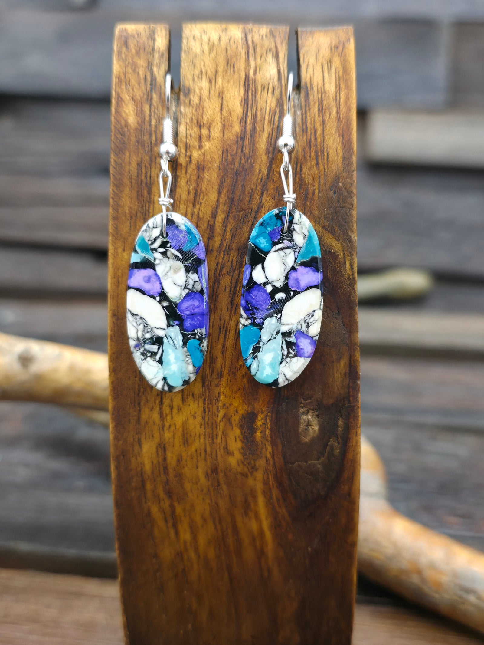 Blue/Purple Dyed Composite Oval Slab Earrings by Robert Crespin
