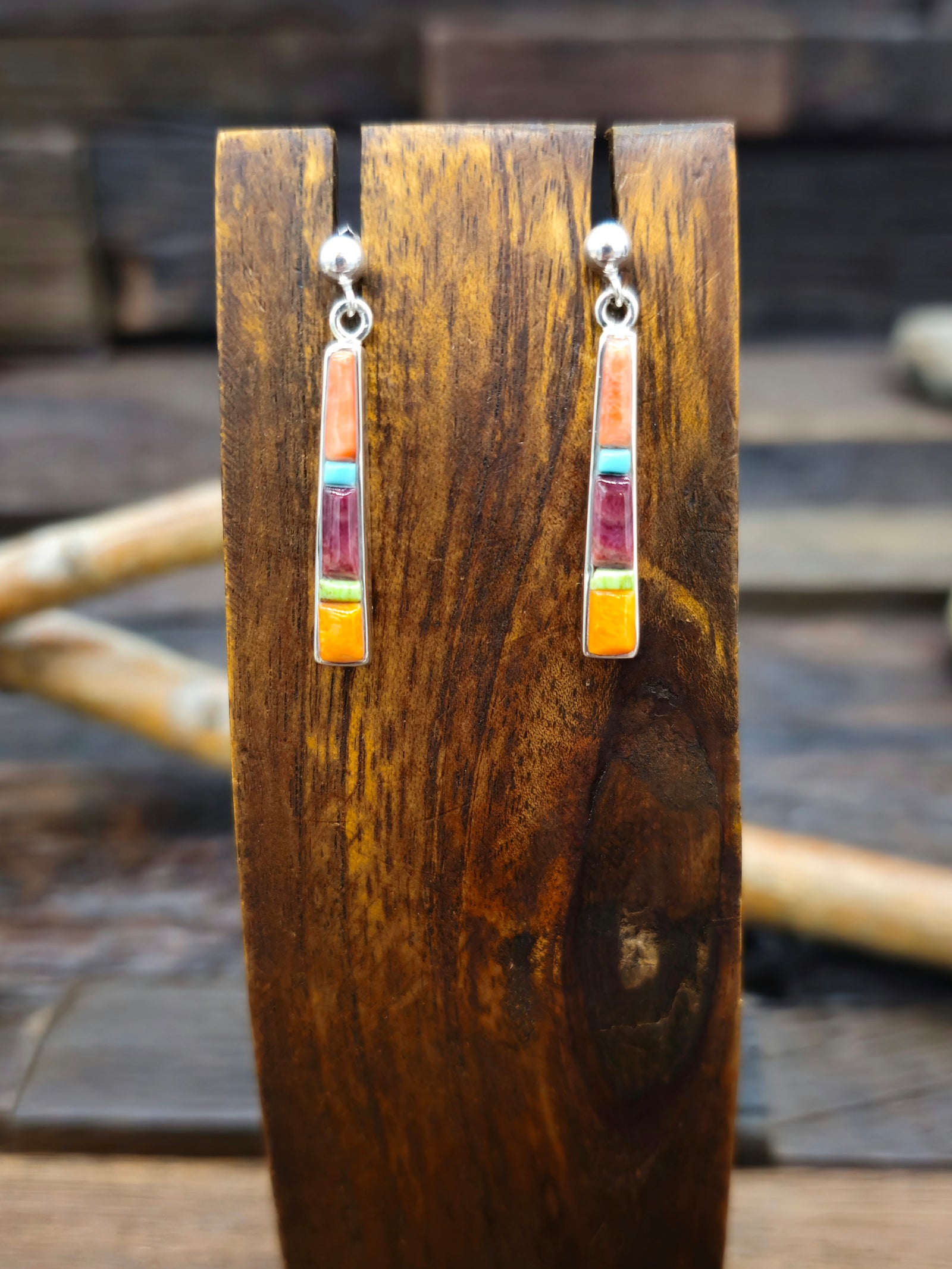 Multistone Cobblestone Inlay Sterling Silver Post Dangle Earrings by Rick Tolino