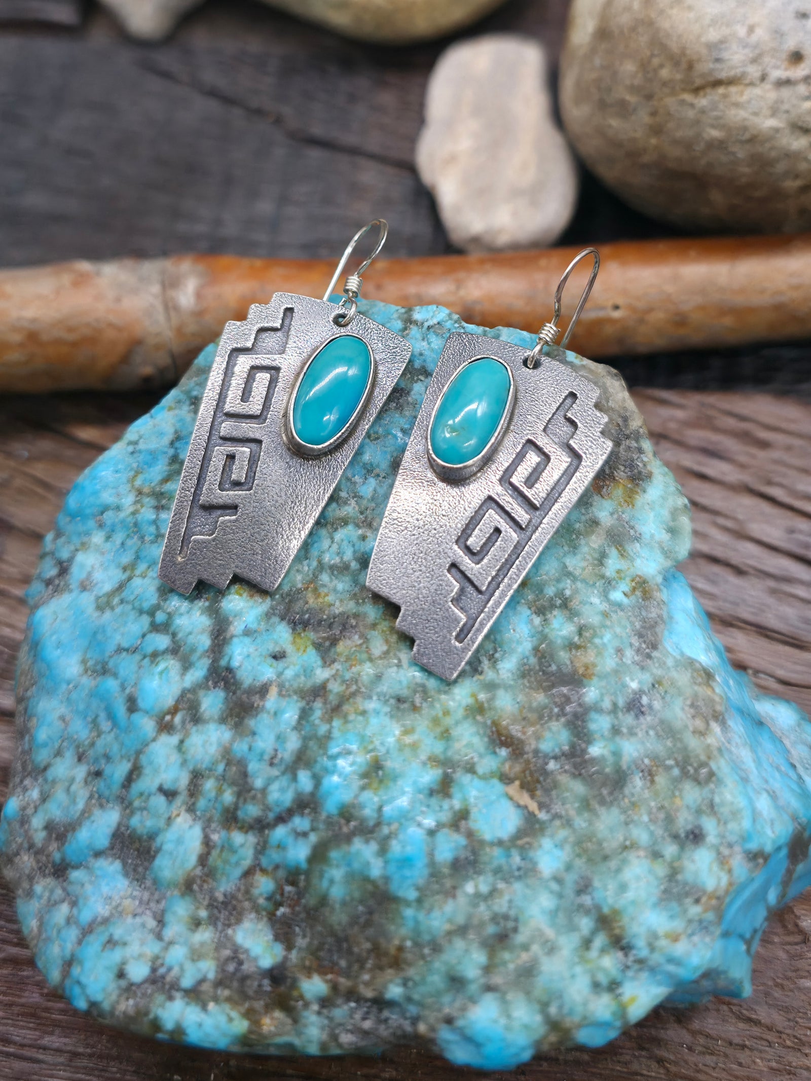 Cast Sterling Silver Turquoise Earrings by Mary and Everette Teller - 1 3/4 in. by 3/4 in.