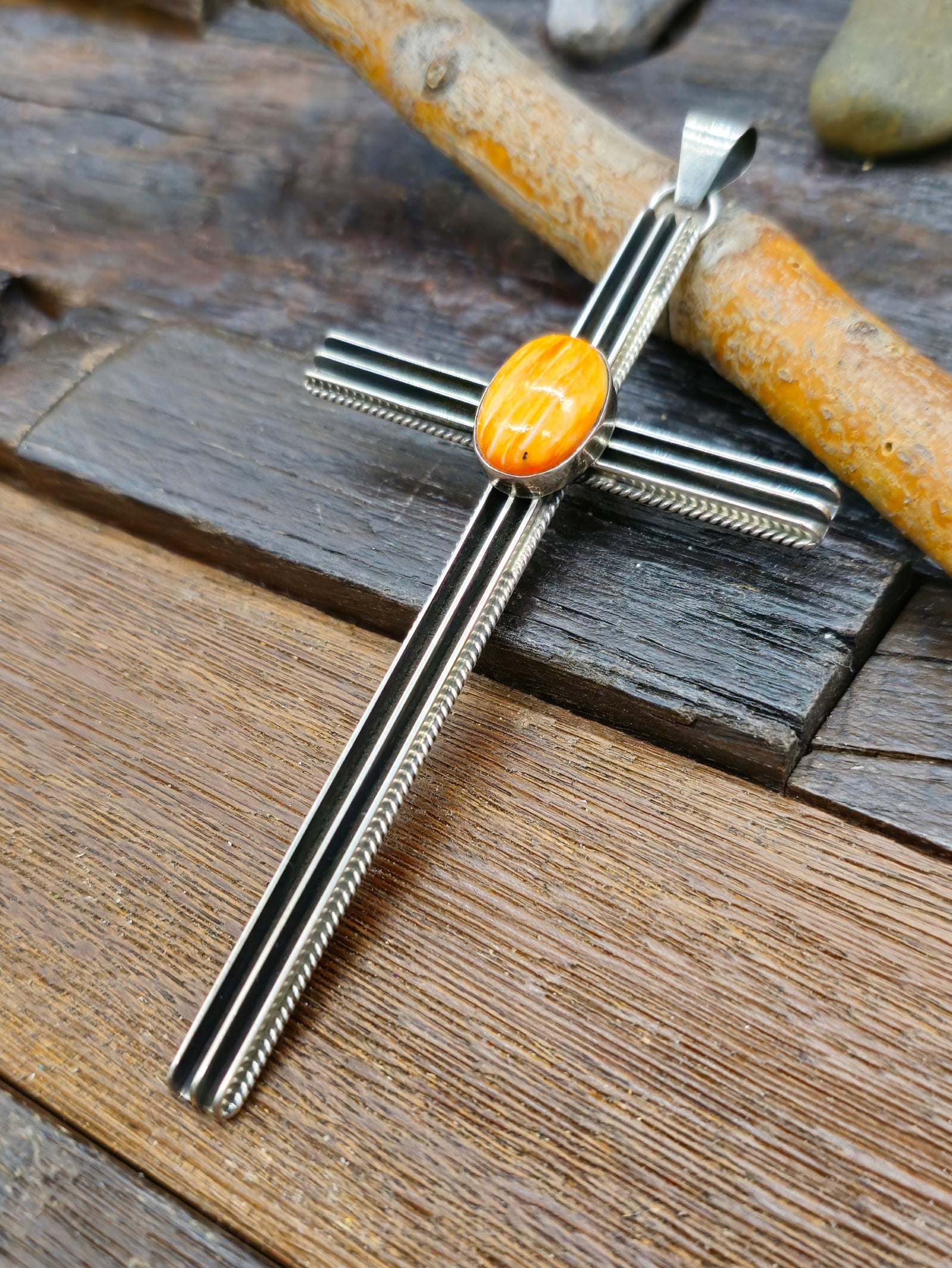 Sterling Silver Spiny Oyster Cross Pendant by Harry Yazzie