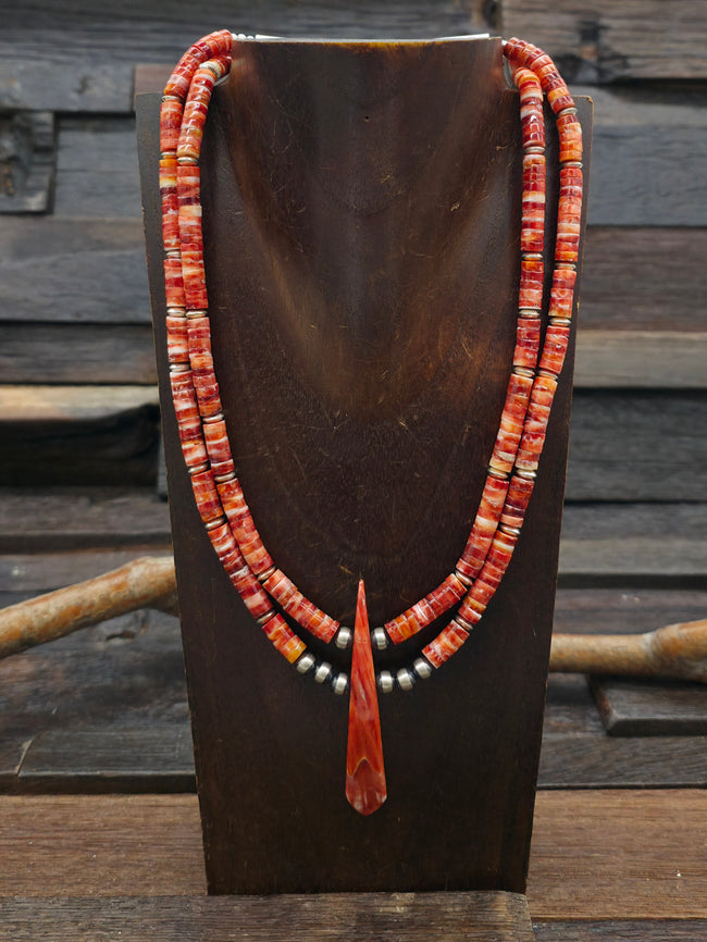 Two Strand Red Spiny Oyster Oxidized and Sterling Silver Bead Necklace - 16in