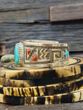 Turquoise and Coral Sterling Silver Cuff by Michael Perry - 6 1/4 in