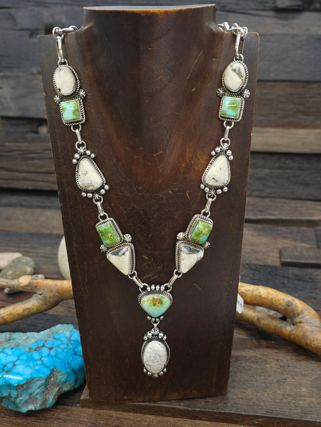 Sterling Silver White Buffalo and Sonoran Turquoise Lariat Necklace and Earring Set by Rosella Paxson - 32 in.w/2 1/2 in. Drop