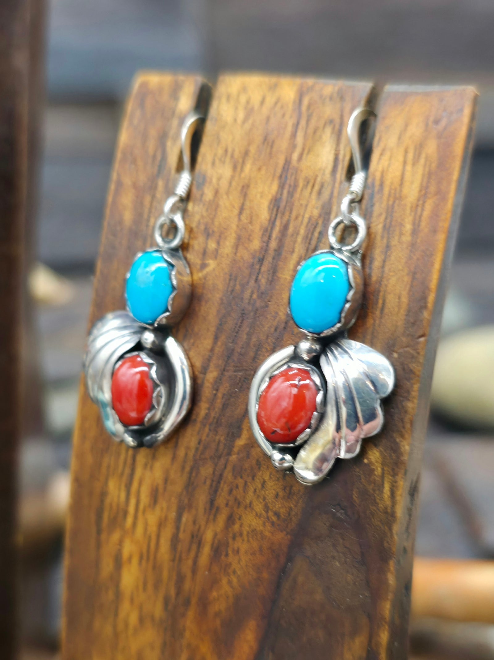 Turquoise and Coral Sterling Silver Squash Blossom Necklace and Earring Set by Pearlene Spencer - 22 in.