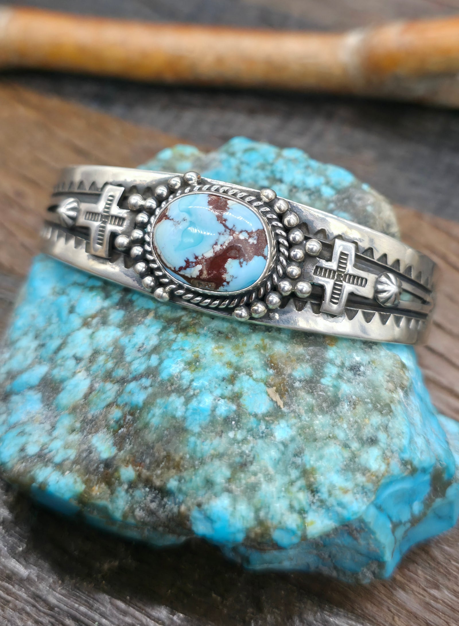 Sterling Silver Santa Fe Cross Golden Hill Turquoise Cuff by Happy Piasso - 7 in. with Gap