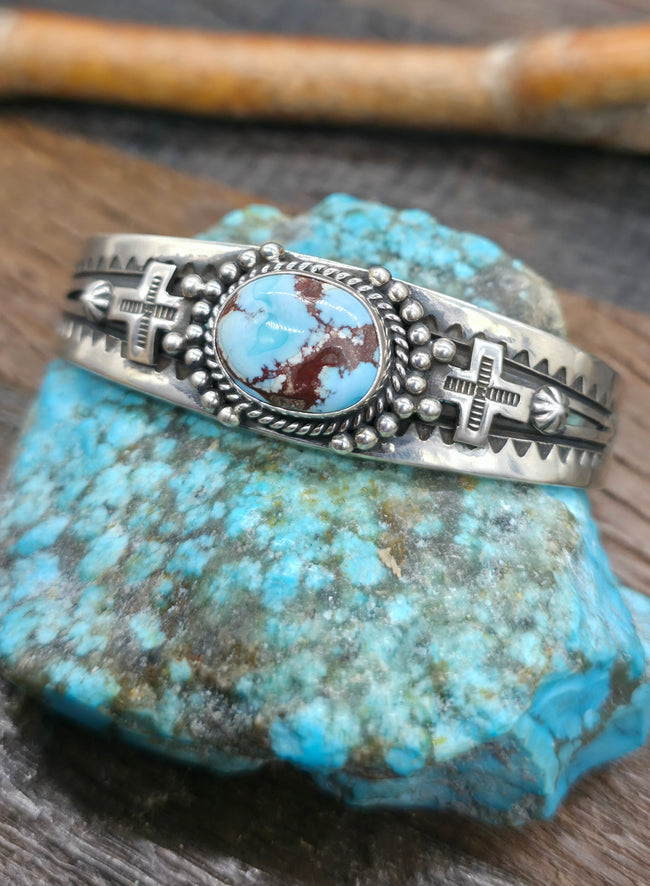 Sterling Silver Santa Fe Cross Golden Hill Turquoise Cuff by Happy Piasso - 7 in. with Gap