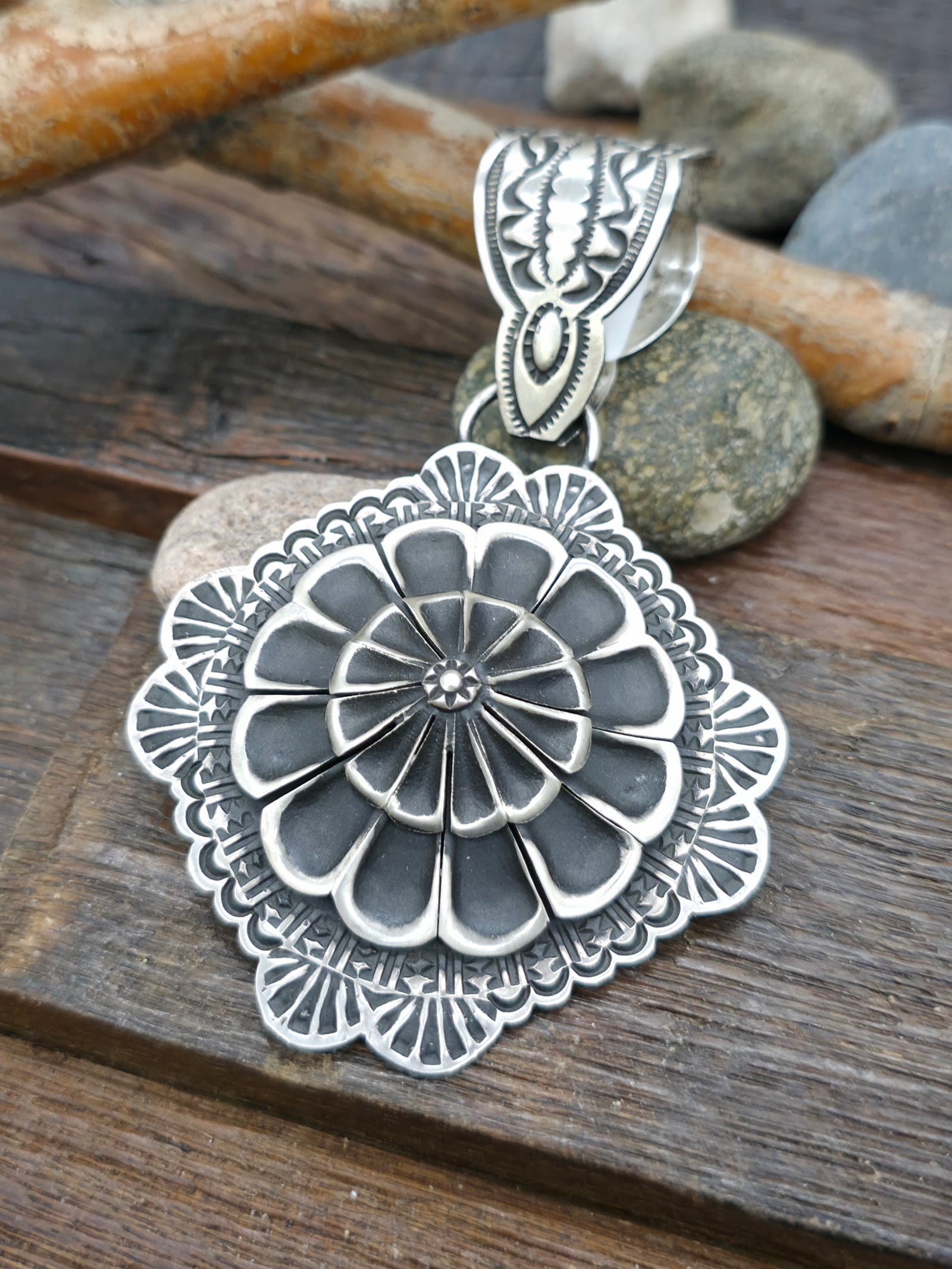 Stamped Sterling Silver Pendant with Round Center by Leander Tahe - 4 in. by 2 1/2 in.