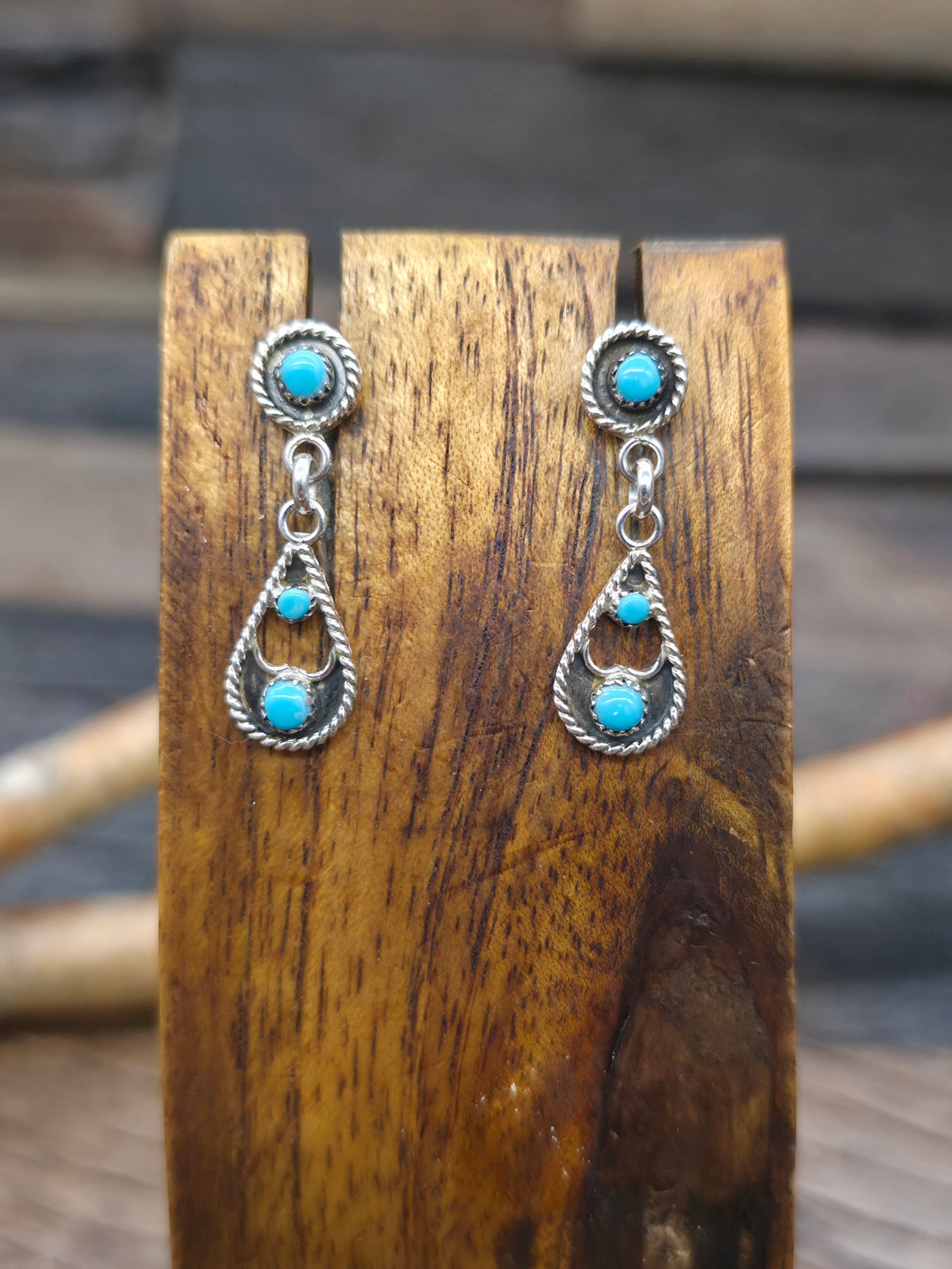 Turquoise Sterling Silver Petit Point Teardrop Earrings by M. and P. Tsate