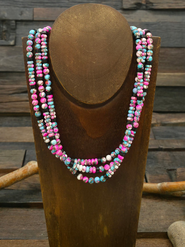 Three Strand Cotton Candy and Jet Necklace by Fred Archuleta - 20 in.