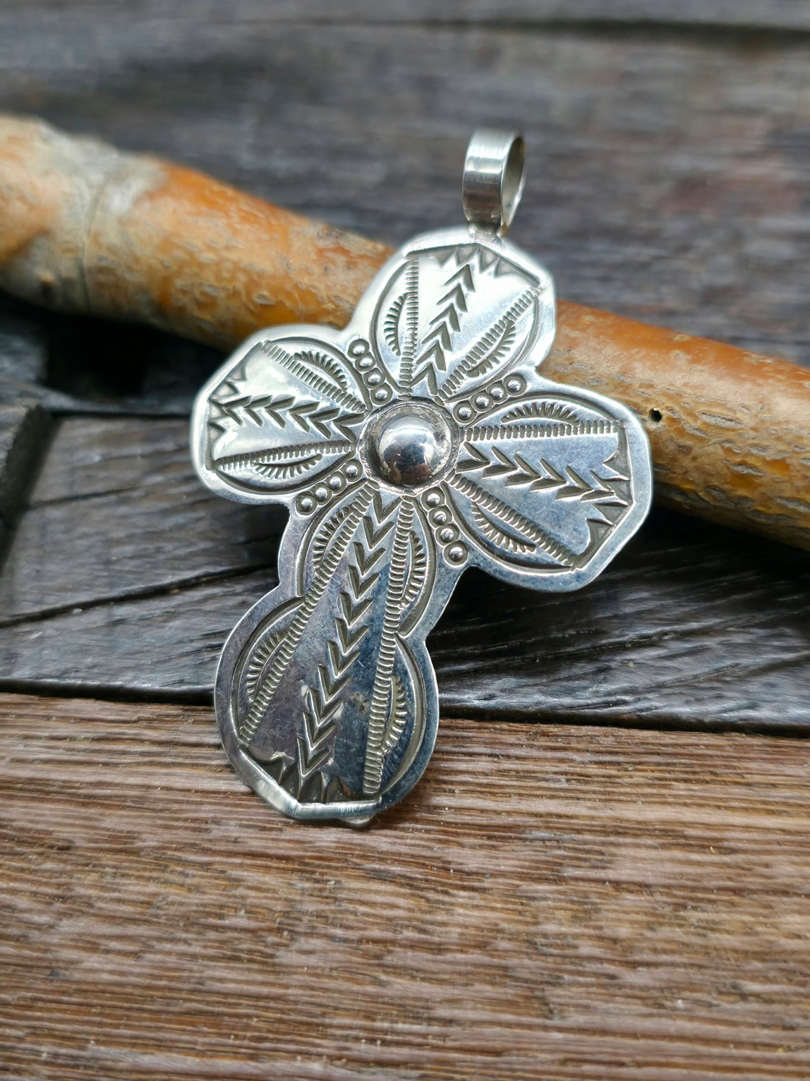 Stamped Sterling Silver Cross Pendant by Arnold Blackgoat