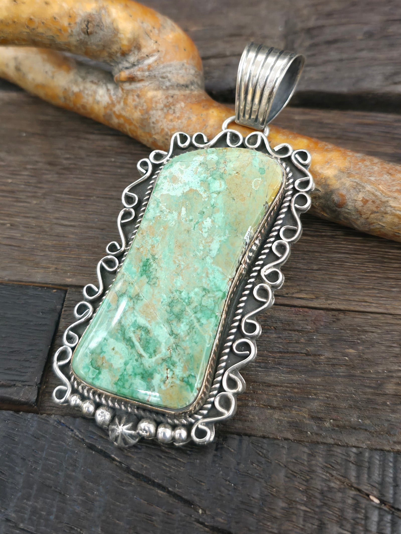 Stamped Sterling Silver Variscite Pendant by LaRose Ganadanegro - 3 1/2 in. by 1 1/2 in.