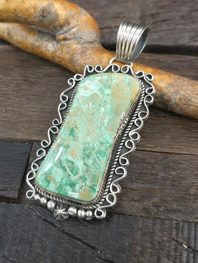 Stamped Sterling Silver Variscite Pendant by LaRose Ganadanegro - 3 1/2 in. by 1 1/2 in.