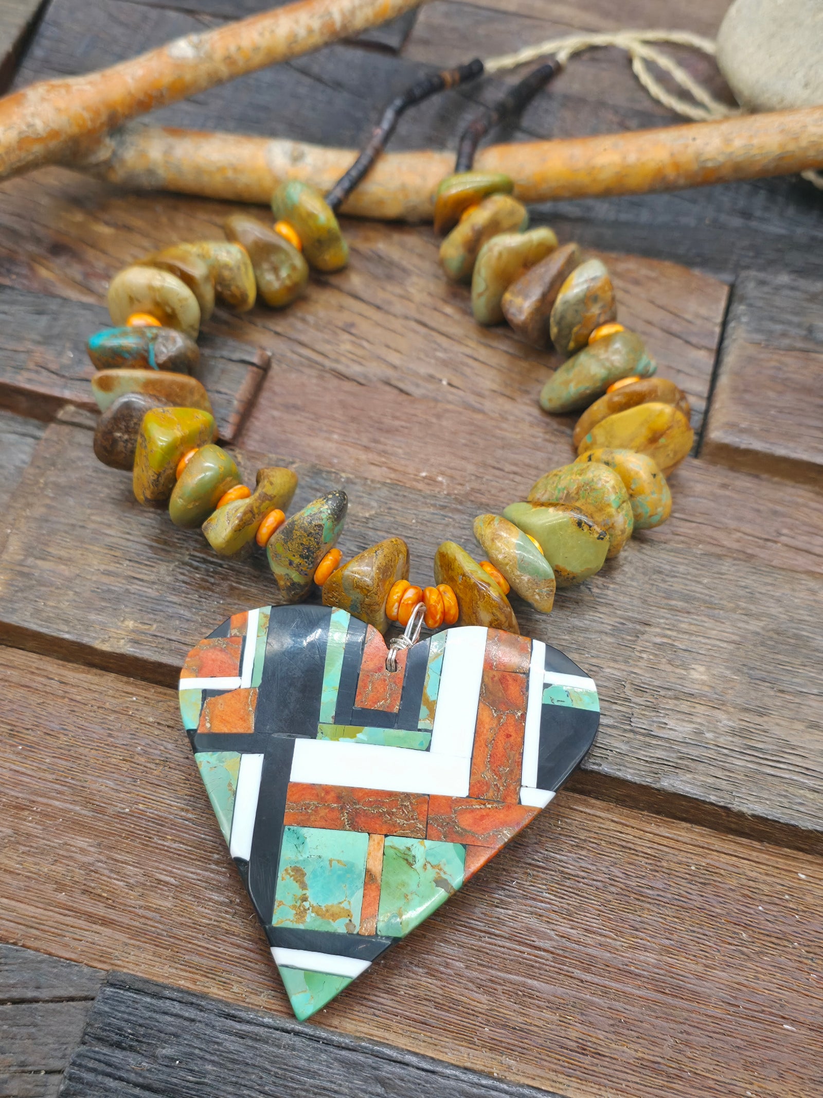 Heishi, Green Turquoise Nugget, and Orange Spiny Necklace with Mosaic Inlay Heart Pendant by Colbert Sherman - 26 in.