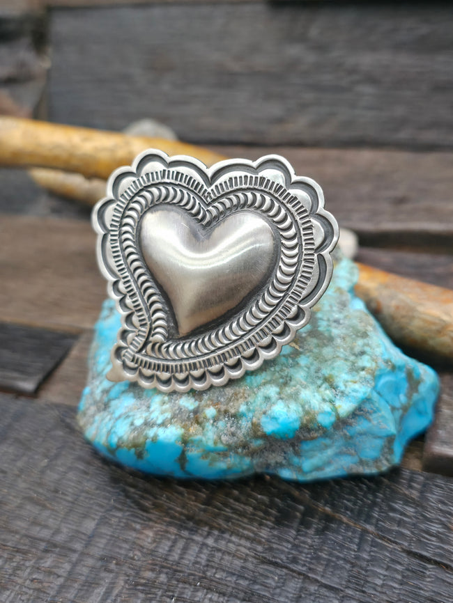 Adjustable Heart Smooth Center Sterling Silver Ring by Leander Tahe