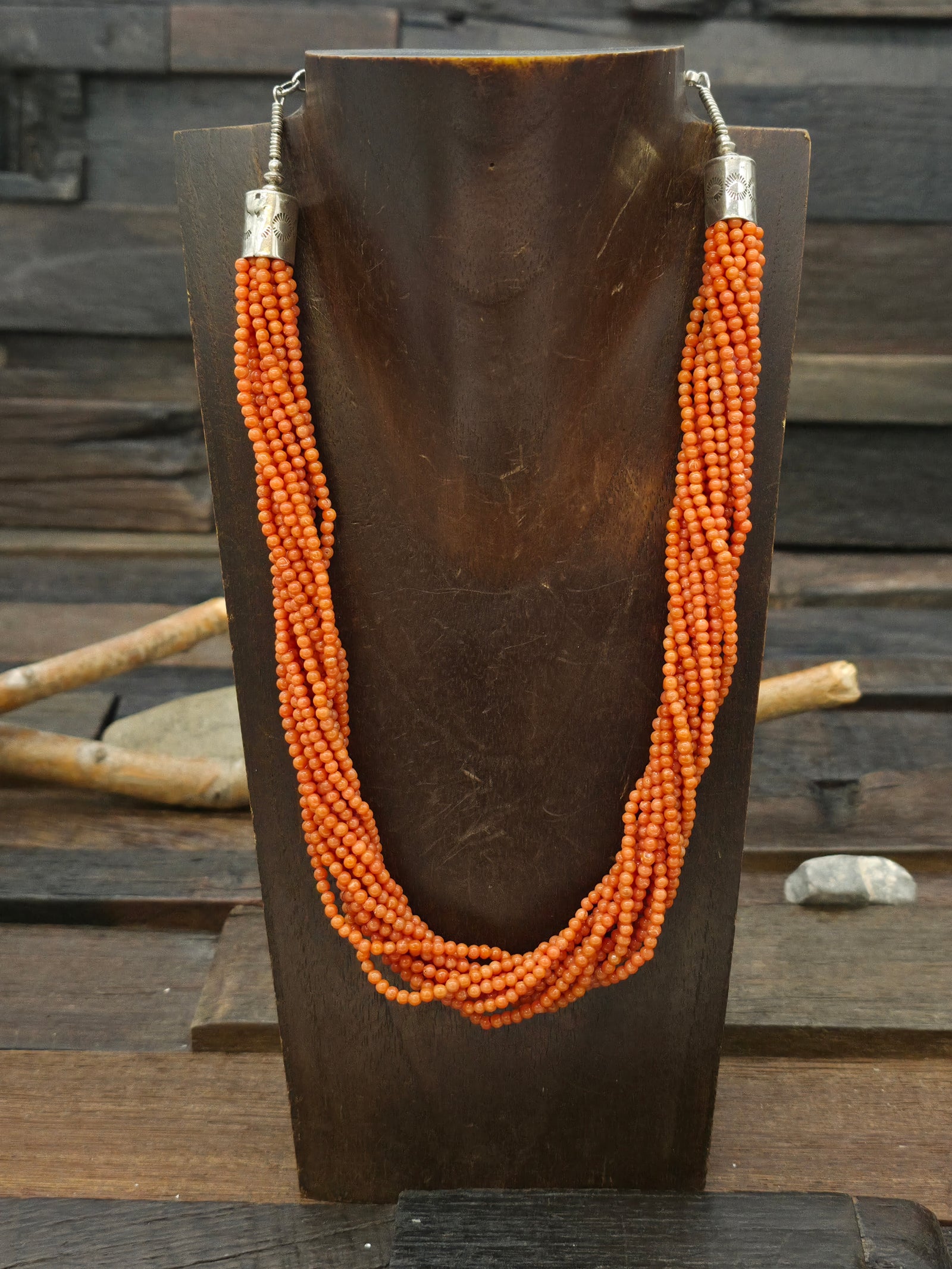 12 Strand Coral Bead Necklace with Sterling Silver Caps by Mel Masquat - 20 in