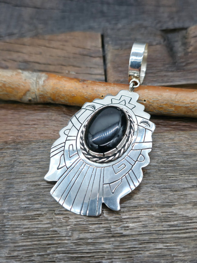 Large Sterling Silver Onyx Pendant by Rose Singer - 3 1/2 in. by 1 3/4 in.