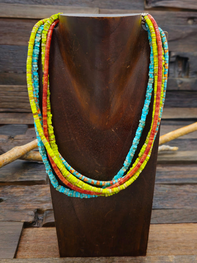 Five Strand Green and Blue Turquoise and Sponge Coral Stone Bead Necklace - 19 in.